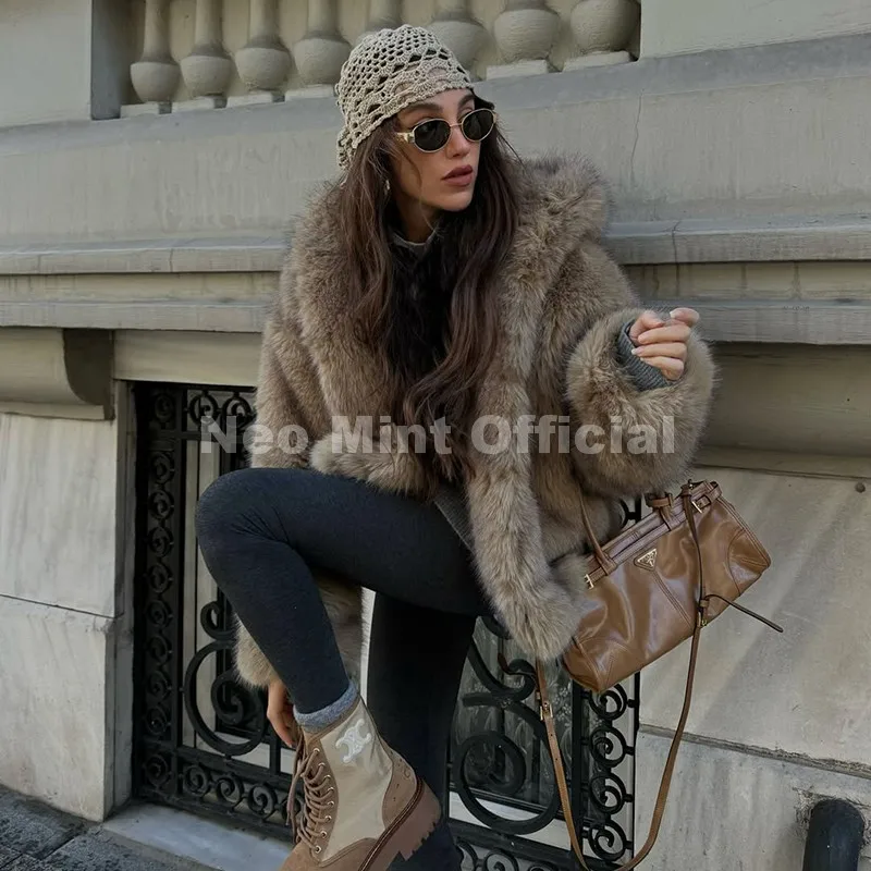 Neo Mint Exclusive Women Winter Hooded Faux Fur Coat Chic Street Fashion Girls Fluffy Fox Fur Jacket Thick Warm Shaggy Overcoat