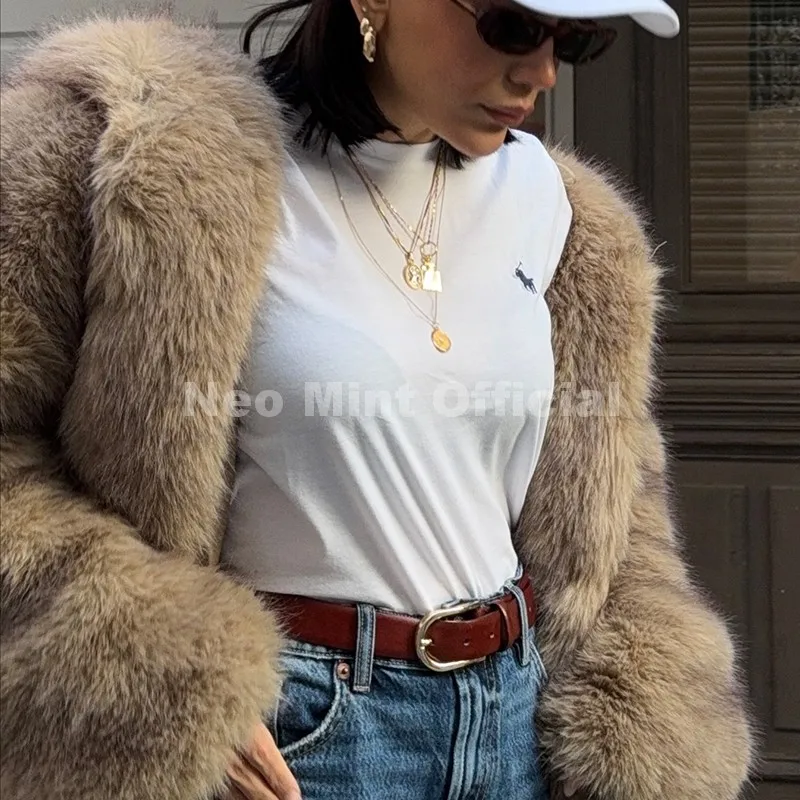 Neo Mint Exclusive Women Winter Hooded Faux Fur Coat Chic Street Fashion Girls Fluffy Fox Fur Jacket Thick Warm Shaggy Overcoat