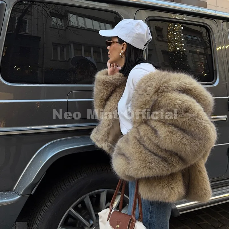 Neo Mint Exclusive Women Winter Hooded Faux Fur Coat Chic Street Fashion Girls Fluffy Fox Fur Jacket Thick Warm Shaggy Overcoat