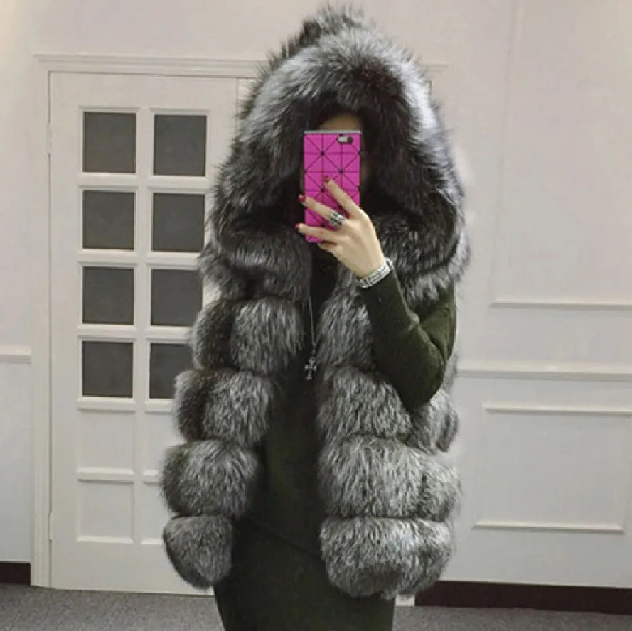Women Faux Fur Vest Hooded Thick Warm Coat Zipper Sleeveless Streetwear Vests Hoodies Elegant Lady Cardigan Autumn Winter