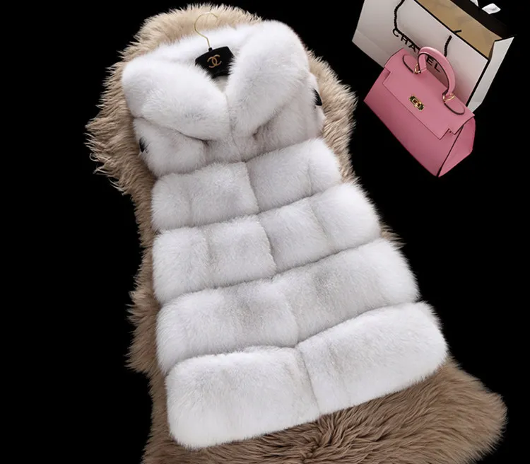 Women Faux Fur Vest Hooded Thick Warm Coat Zipper Sleeveless Streetwear Vests Hoodies Elegant Lady Cardigan Autumn Winter