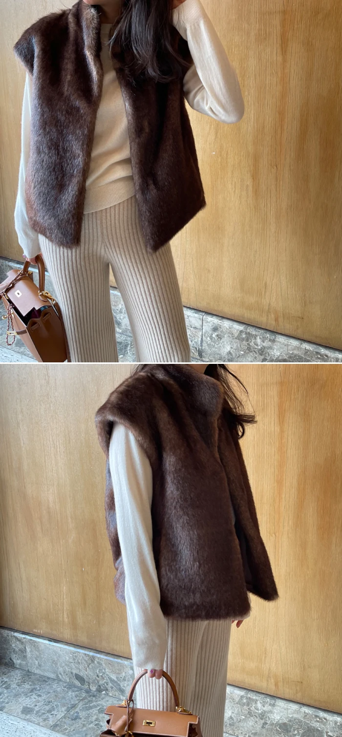 Luxury Faux Fur Vest Korean Fashion Women Winter Fall Design Solid Color High Quality Women Faux Fur Coats Sleeveless