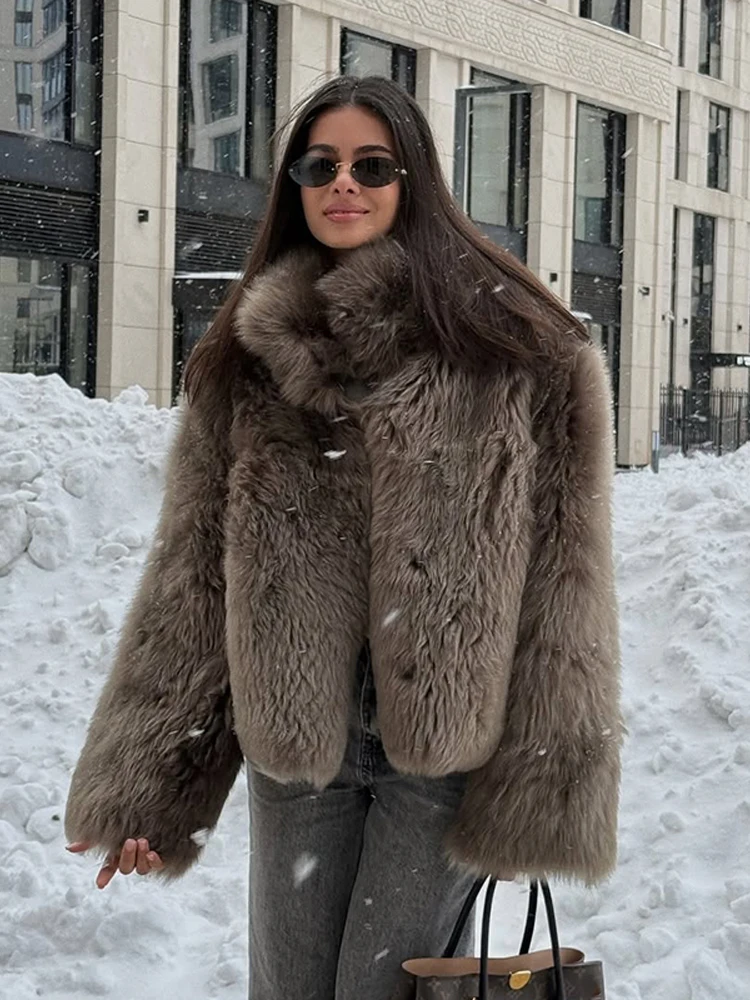 Women Casual Brown Lace Up Faux Fur Coat Turtleneck Full Sleeve Fluffy Loose Striped Long Coats Lady Winter Daily Street Jacket
