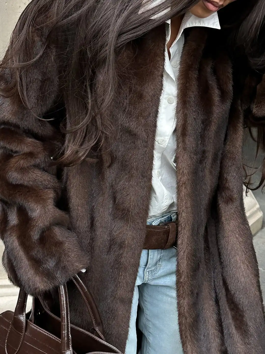 Women Casual Brown Lace Up Faux Fur Coat Turtleneck Full Sleeve Fluffy Loose Striped Long Coats Lady Winter Daily Street Jacket