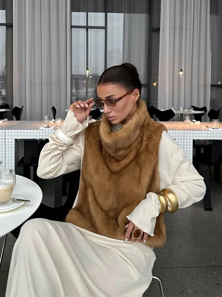 Women Casual Brown Lace Up Faux Fur Coat Turtleneck Full Sleeve Fluffy Loose Striped Long Coats Lady Winter Daily Street Jacket