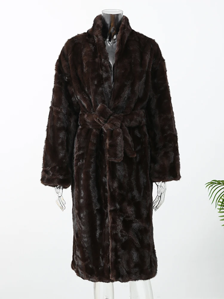 Women Casual Brown Lace Up Faux Fur Coat Turtleneck Full Sleeve Fluffy Loose Striped Long Coats Lady Winter Daily Street Jacket