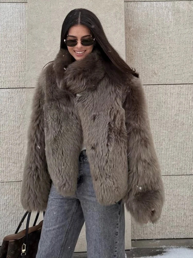 Women Casual Brown Lace Up Faux Fur Coat Turtleneck Full Sleeve Fluffy Loose Striped Long Coats Lady Winter Daily Street Jacket
