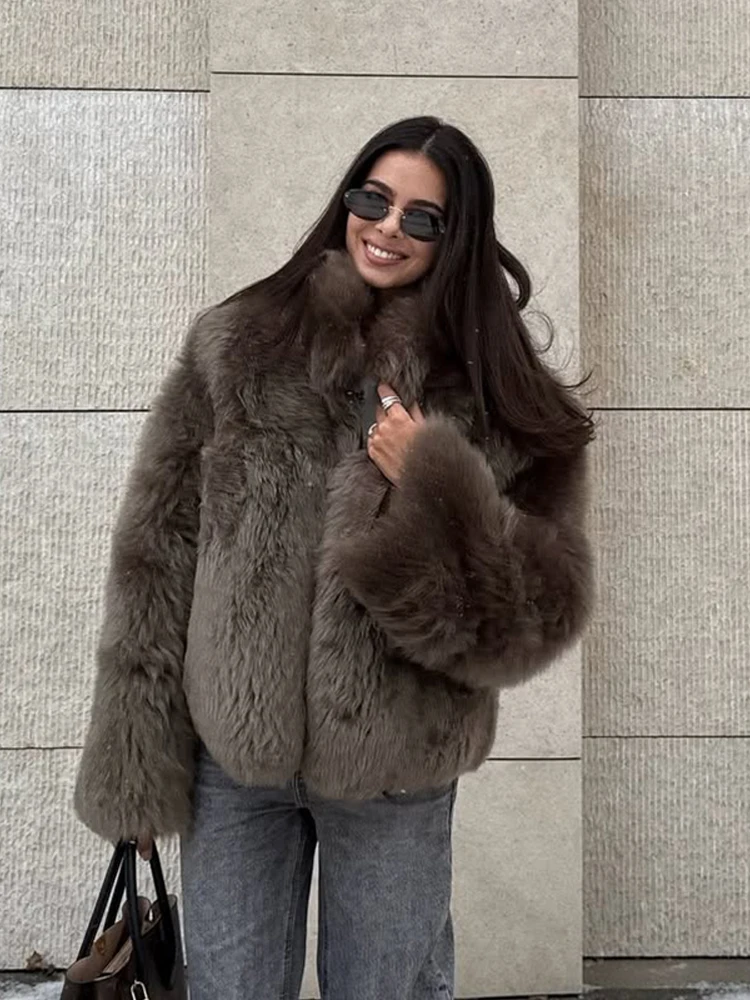 Women Casual Brown Lace Up Faux Fur Coat Turtleneck Full Sleeve Fluffy Loose Striped Long Coats Lady Winter Daily Street Jacket