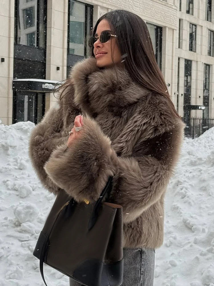 Women Casual Brown Lace Up Faux Fur Coat Turtleneck Full Sleeve Fluffy Loose Striped Long Coats Lady Winter Daily Street Jacket