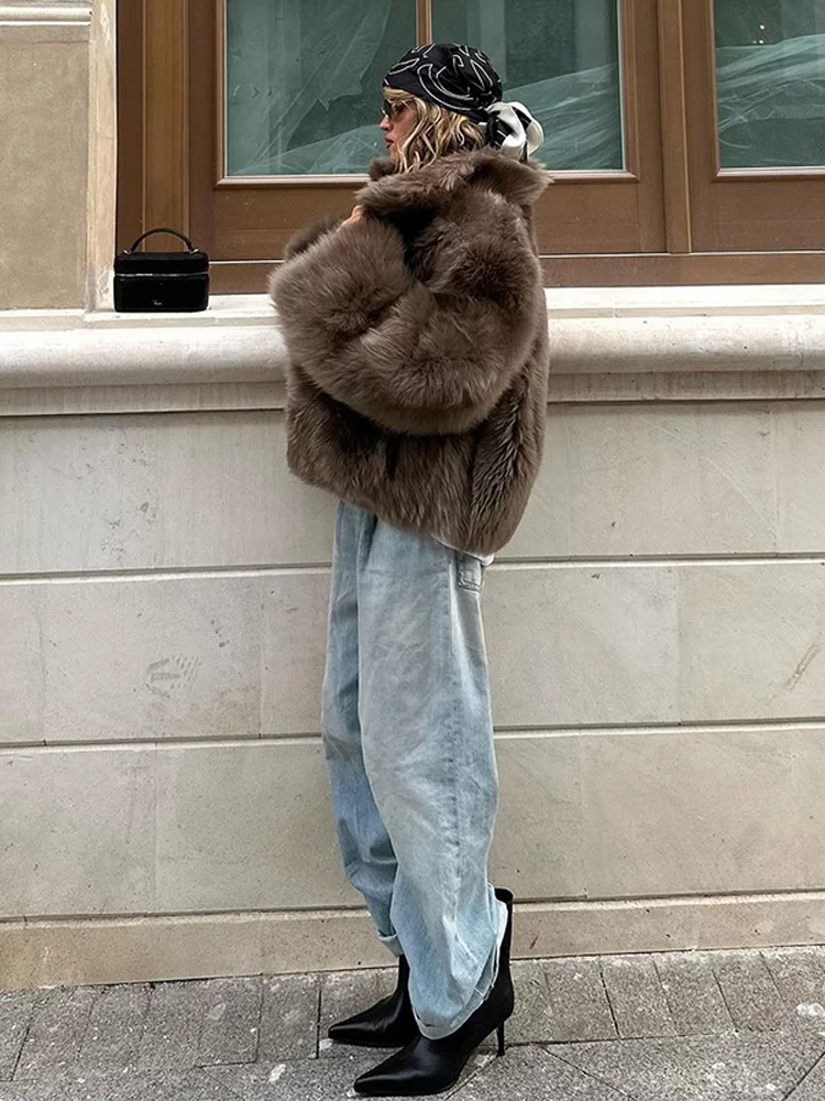 Women Casual Brown Lace Up Faux Fur Coat Turtleneck Full Sleeve Fluffy Loose Striped Long Coats Lady Winter Daily Street Jacket