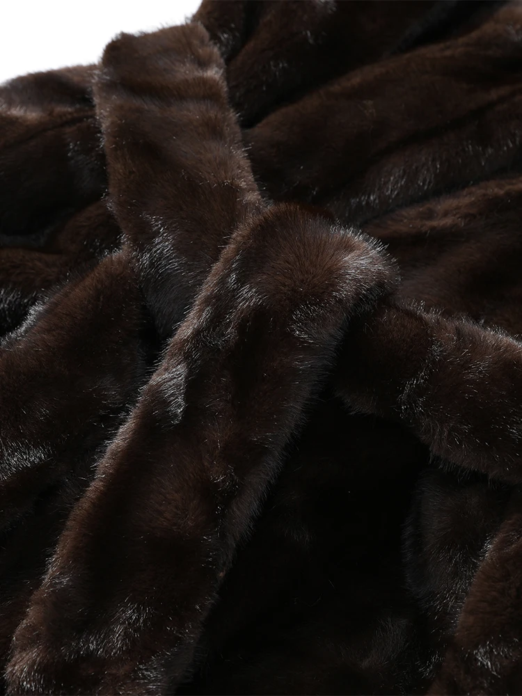 Women Casual Brown Lace Up Faux Fur Coat Turtleneck Full Sleeve Fluffy Loose Striped Long Coats Lady Winter Daily Street Jacket