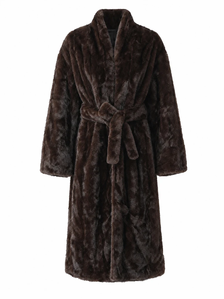 Women Casual Brown Lace Up Faux Fur Coat Turtleneck Full Sleeve Fluffy Loose Striped Long Coats Lady Winter Daily Street Jacket