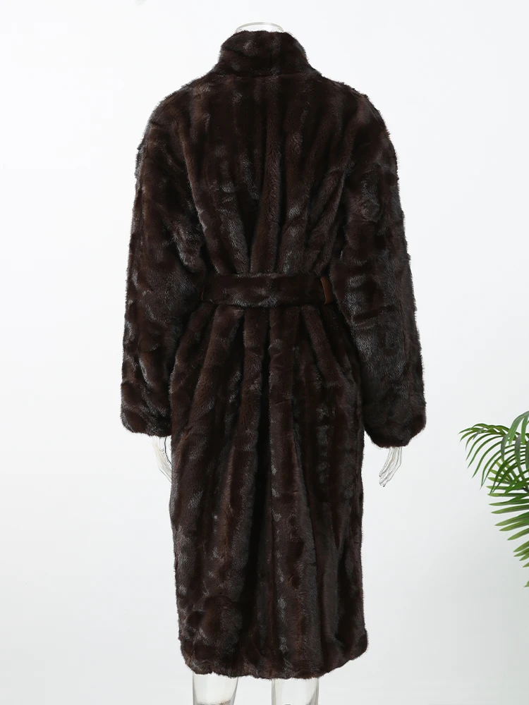 Women Casual Brown Lace Up Faux Fur Coat Turtleneck Full Sleeve Fluffy Loose Striped Long Coats Lady Winter Daily Street Jacket