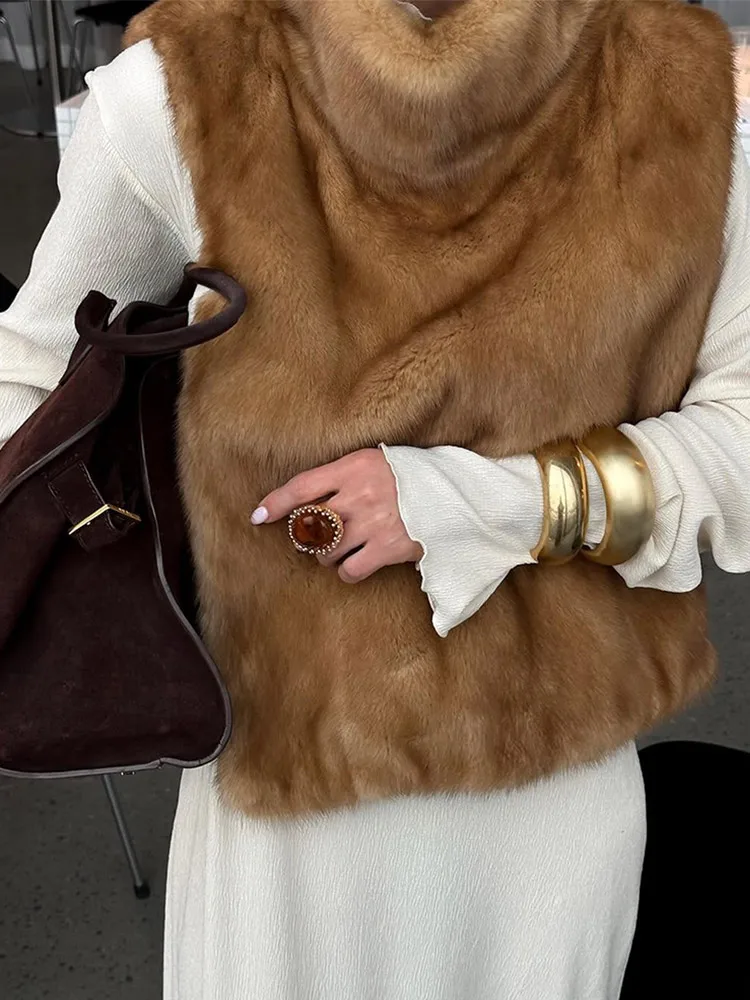Women Casual Brown Lace Up Faux Fur Coat Turtleneck Full Sleeve Fluffy Loose Striped Long Coats Lady Winter Daily Street Jacket