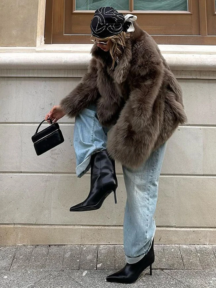 Women Casual Brown Lace Up Faux Fur Coat Turtleneck Full Sleeve Fluffy Loose Striped Long Coats Lady Winter Daily Street Jacket