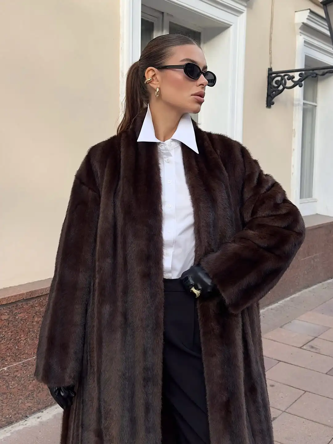 Women Casual Brown Lace Up Faux Fur Coat Turtleneck Full Sleeve Fluffy Loose Striped Long Coats Lady Winter Daily Street Jacket