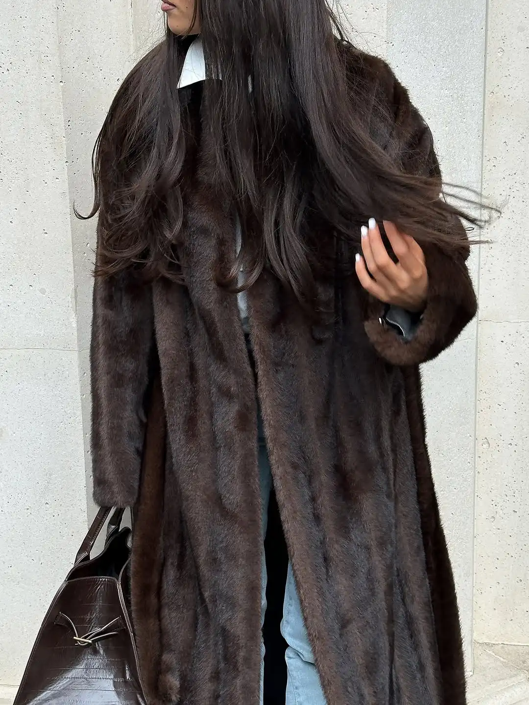 Women Casual Brown Lace Up Faux Fur Coat Turtleneck Full Sleeve Fluffy Loose Striped Long Coats Lady Winter Daily Street Jacket