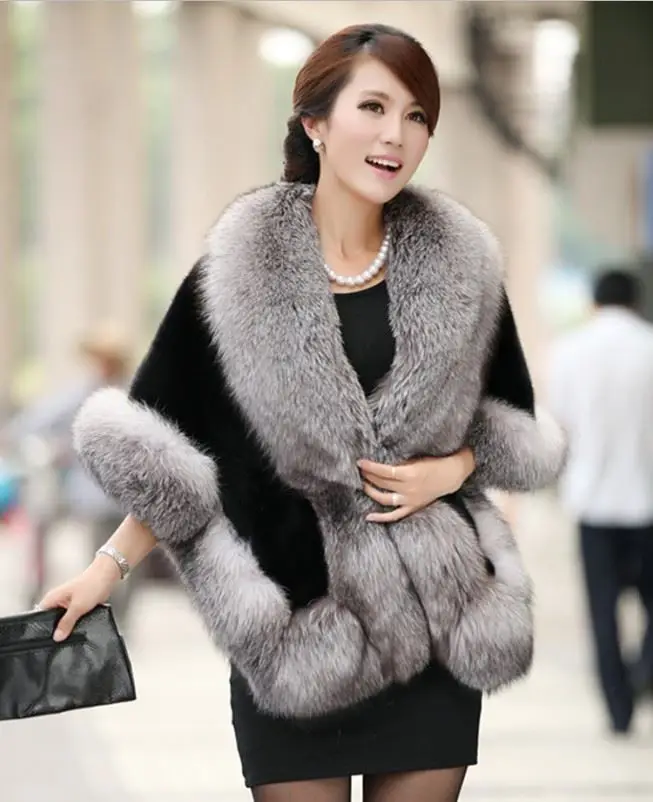 Women's Faux Fur Cape Jacket Winter Warm White / Black / Burgundy Large Fur Collar Short Section Young Lady 2021 New