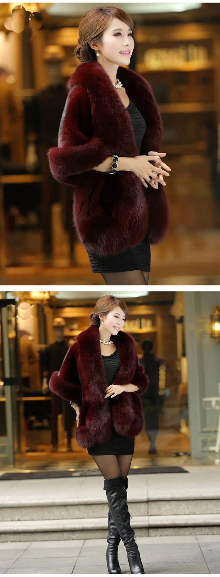 Women's Faux Fur Cape Jacket Winter Warm White / Black / Burgundy Large Fur Collar Short Section Young Lady 2021 New