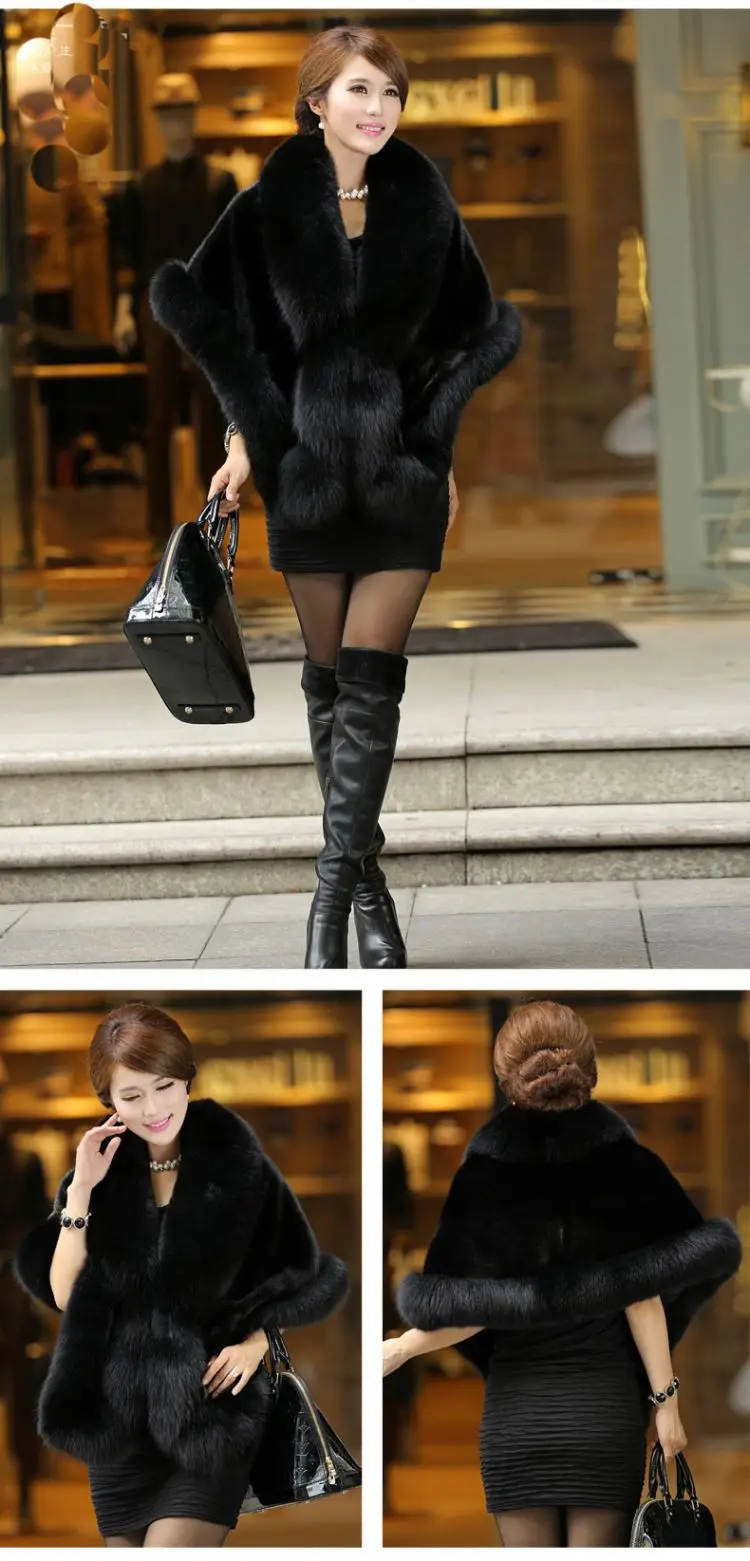 Women's Faux Fur Cape Jacket Winter Warm White / Black / Burgundy Large Fur Collar Short Section Young Lady 2021 New