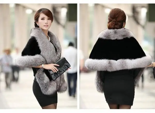Women's Faux Fur Cape Jacket Winter Warm White / Black / Burgundy Large Fur Collar Short Section Young Lady 2021 New