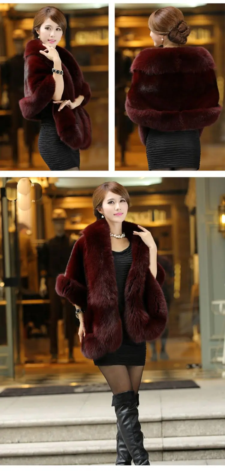 Women's Faux Fur Cape Jacket Winter Warm White / Black / Burgundy Large Fur Collar Short Section Young Lady 2021 New