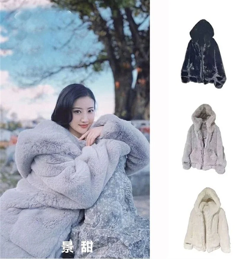 High Quality Quilted Thick Furry Coat Female Autumn And Winter Lamb Plush Imitation Mink Rex Rabbit Fur Coat Women Hooded Jacket
