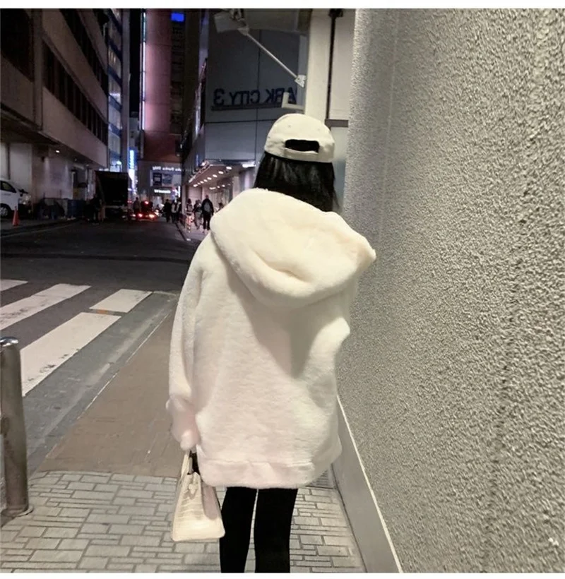 High Quality Quilted Thick Furry Coat Female Autumn And Winter Lamb Plush Imitation Mink Rex Rabbit Fur Coat Women Hooded Jacket