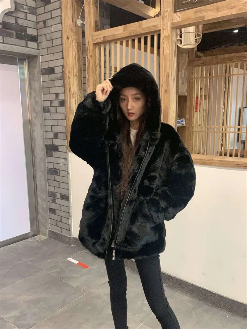 High Quality Quilted Thick Furry Coat Female Autumn And Winter Lamb Plush Imitation Mink Rex Rabbit Fur Coat Women Hooded Jacket