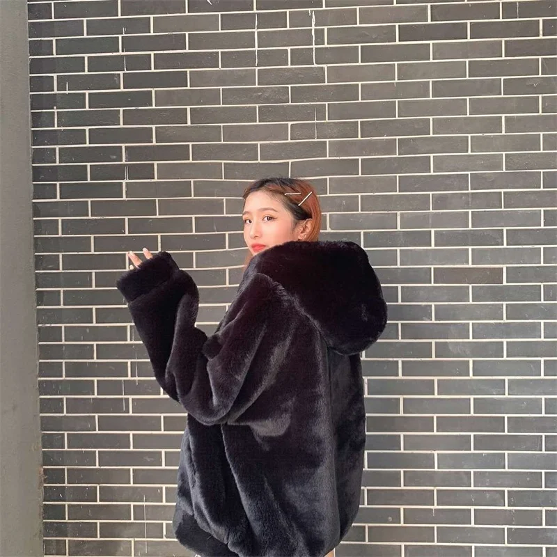 High Quality Quilted Thick Furry Coat Female Autumn And Winter Lamb Plush Imitation Mink Rex Rabbit Fur Coat Women Hooded Jacket