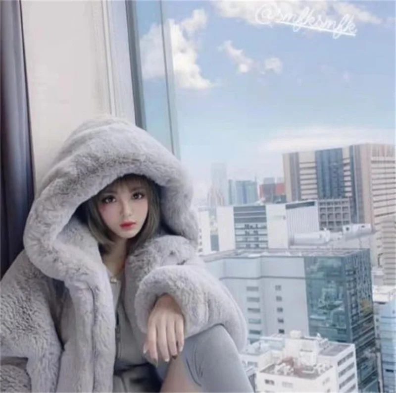 High Quality Quilted Thick Furry Coat Female Autumn And Winter Lamb Plush Imitation Mink Rex Rabbit Fur Coat Women Hooded Jacket