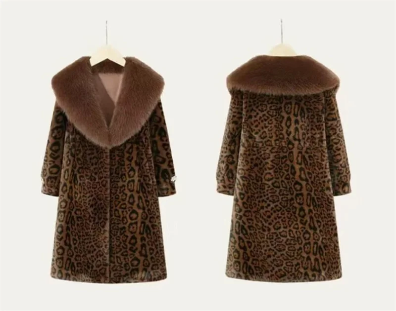 Leopard Print Lazy Elongated Fur Coat For Women's Winter Hooded Warm Environmentally Friendly Fur Coat Thick Imitation Fur Jacke