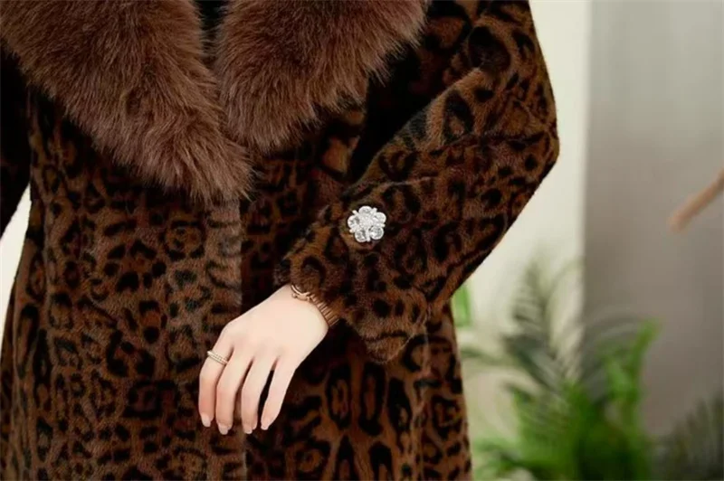 Leopard Print Lazy Elongated Fur Coat For Women's Winter Hooded Warm Environmentally Friendly Fur Coat Thick Imitation Fur Jacke