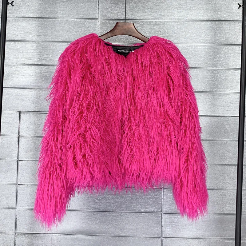 ZADORIN Mongolian fur Furry Faux Fur Coat Woman Fur Coats Autumn Winter Pink White Shaggy Faux Fur Jacket Tops Festival Clothing