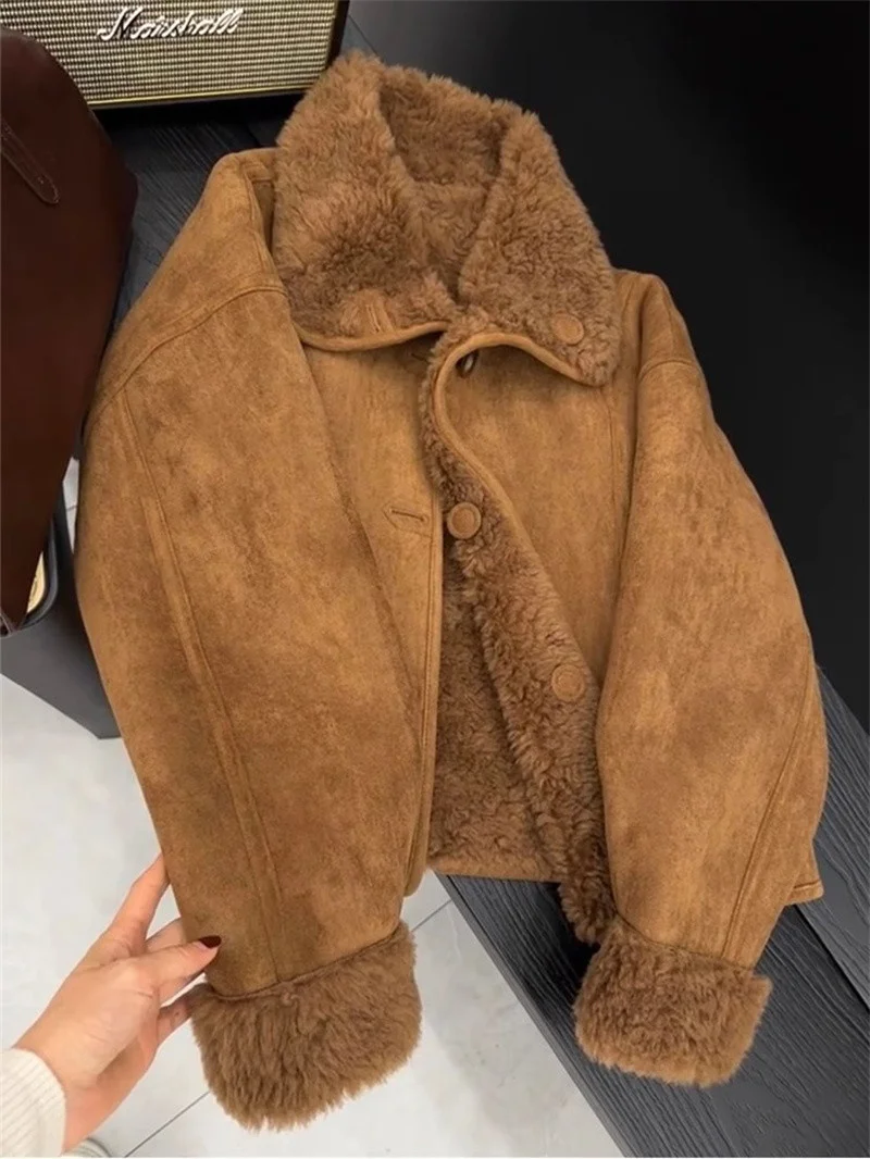 Women Faux Fur Jacket Coffee Colored Small Fragrant Style Lamb Wool Jacket Retro Casual 2025 Winter New Warm Coat Top Female