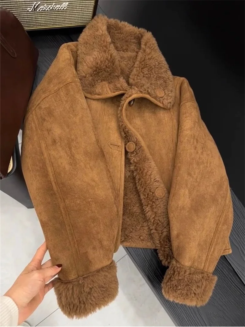 Women Faux Fur Jacket Coffee Colored Small Fragrant Style Lamb Wool Jacket Retro Casual 2025 Winter New Warm Coat Top Female