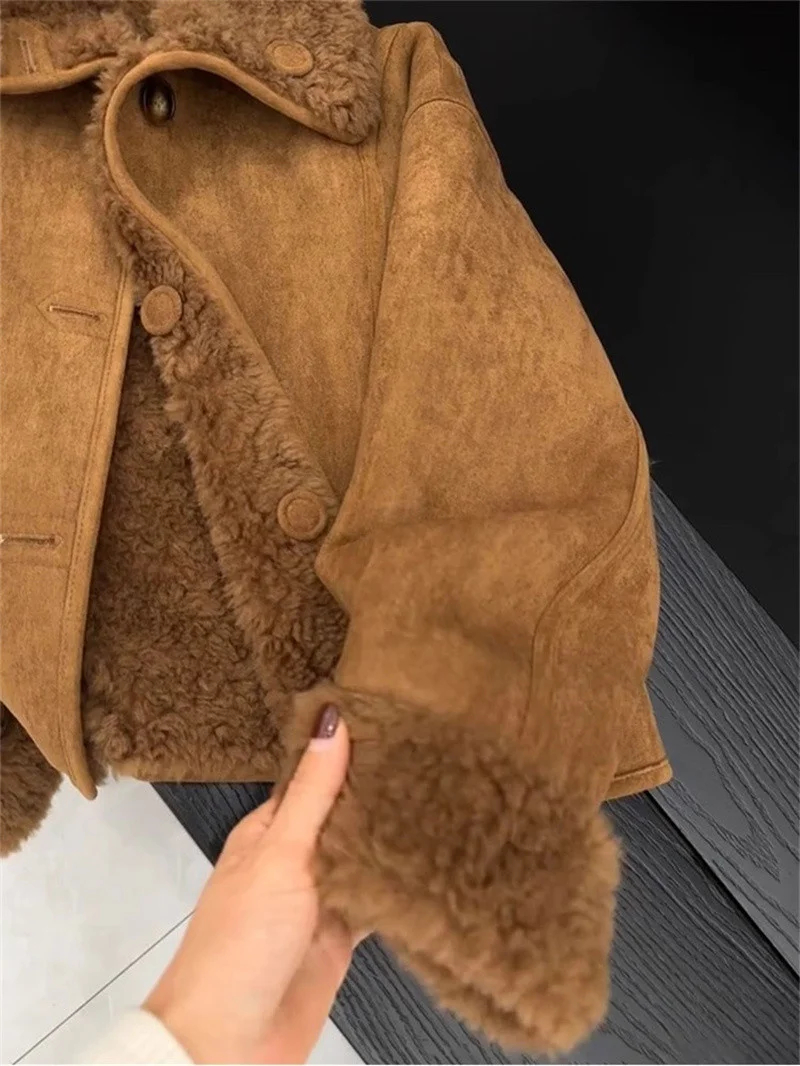 Women Faux Fur Jacket Coffee Colored Small Fragrant Style Lamb Wool Jacket Retro Casual 2025 Winter New Warm Coat Top Female