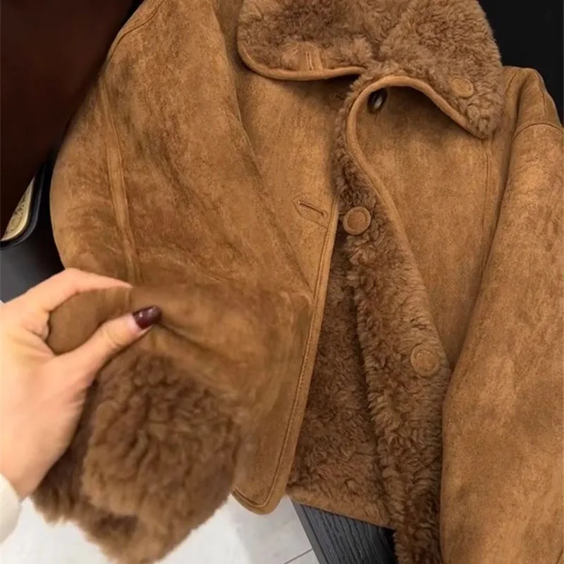 Women Faux Fur Jacket Coffee Colored Small Fragrant Style Lamb Wool Jacket Retro Casual 2025 Winter New Warm Coat Top Female