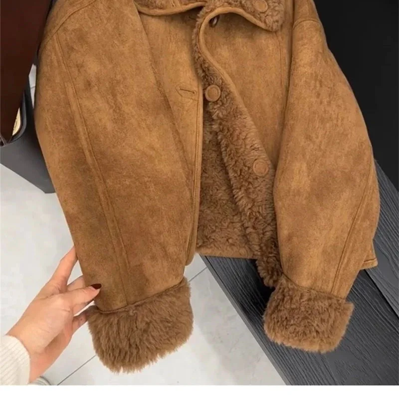 Women Faux Fur Jacket Coffee Colored Small Fragrant Style Lamb Wool Jacket Retro Casual 2025 Winter New Warm Coat Top Female
