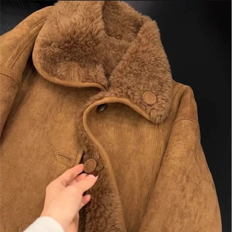 Women Faux Fur Jacket Coffee Colored Small Fragrant Style Lamb Wool Jacket Retro Casual 2025 Winter New Warm Coat Top Female