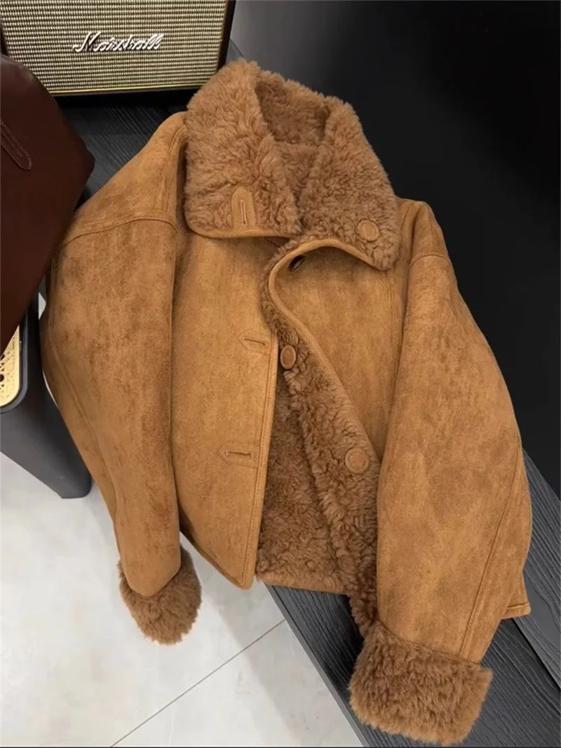 Women Faux Fur Jacket Coffee Colored Small Fragrant Style Lamb Wool Jacket Retro Casual 2025 Winter New Warm Coat Top Female