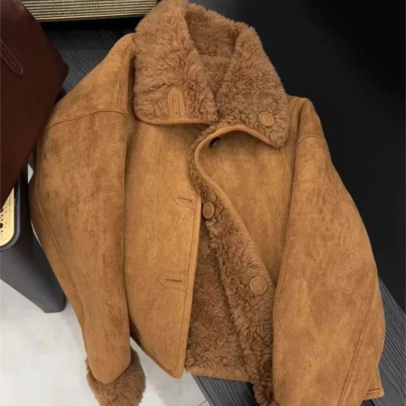 Women Faux Fur Jacket Coffee Colored Small Fragrant Style Lamb Wool Jacket Retro Casual 2025 Winter New Warm Coat Top Female