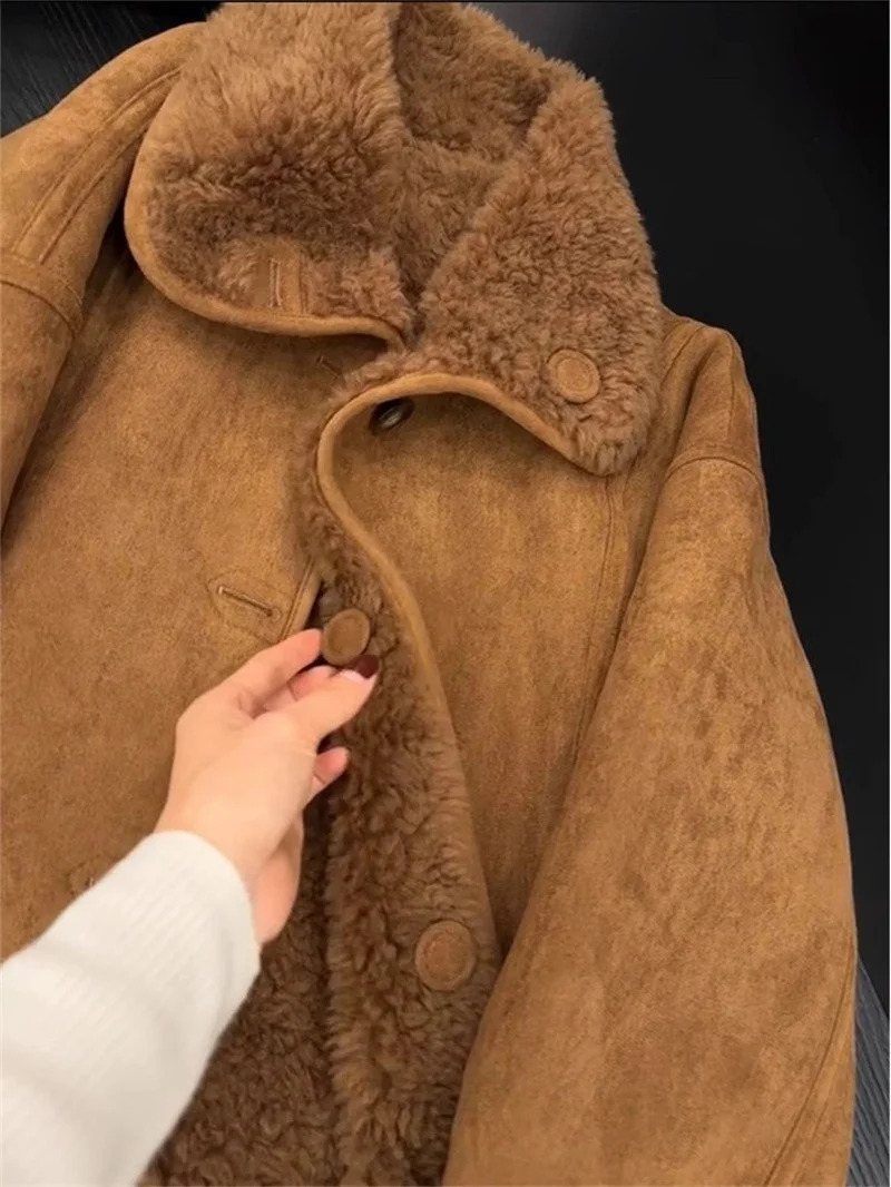 Women Faux Fur Jacket Coffee Colored Small Fragrant Style Lamb Wool Jacket Retro Casual 2025 Winter New Warm Coat Top Female