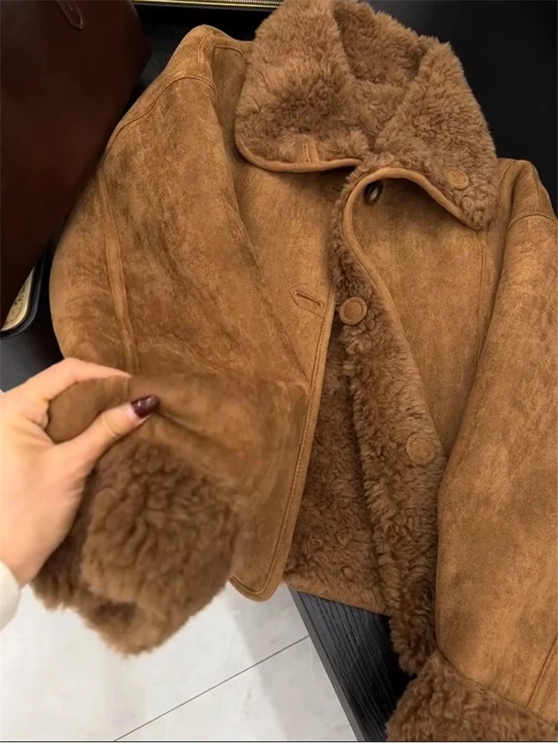 Women Faux Fur Jacket Coffee Colored Small Fragrant Style Lamb Wool Jacket Retro Casual 2025 Winter New Warm Coat Top Female