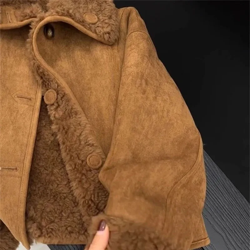 Women Faux Fur Jacket Coffee Colored Small Fragrant Style Lamb Wool Jacket Retro Casual 2025 Winter New Warm Coat Top Female