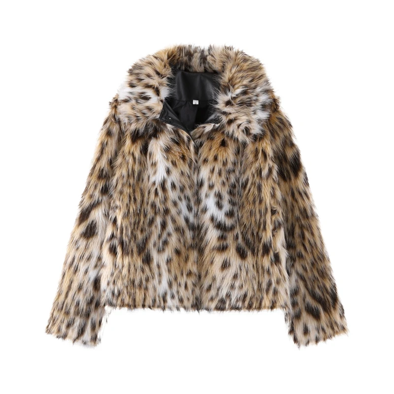 Fashion Leopard Faux Fur Coat Women Casual Lapel Single Breasted Plush Warm Overcoat 2025 Winter New Lady Cozy Print Streetwear