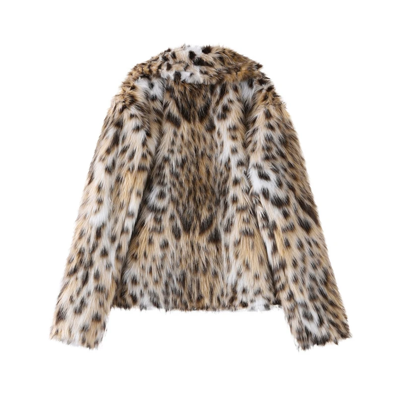 Fashion Leopard Faux Fur Coat Women Casual Lapel Single Breasted Plush Warm Overcoat 2025 Winter New Lady Cozy Print Streetwear
