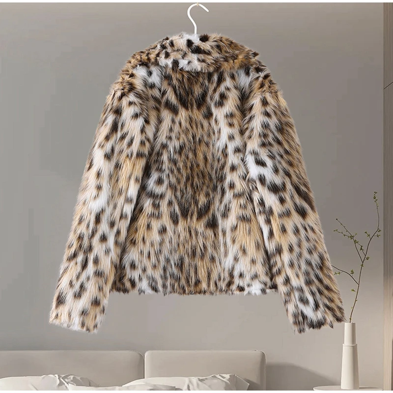 Fashion Leopard Faux Fur Coat Women Casual Lapel Single Breasted Plush Warm Overcoat 2025 Winter New Lady Cozy Print Streetwear