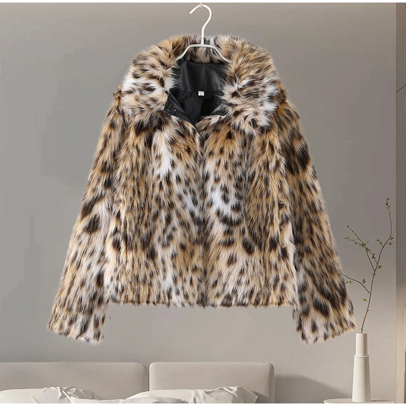 Fashion Leopard Faux Fur Coat Women Casual Lapel Single Breasted Plush Warm Overcoat 2025 Winter New Lady Cozy Print Streetwear