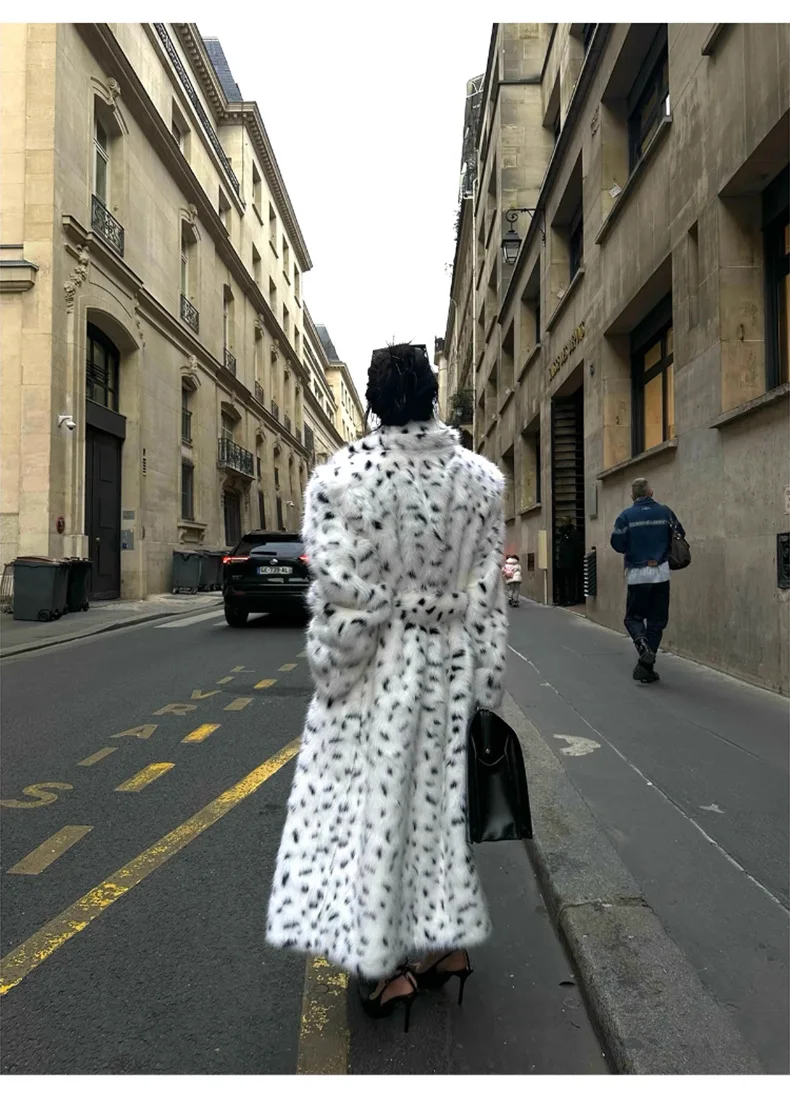 Faux Fur Jackets Women Print Long Coat Lapel Elegant Lace Up Cardigan Thick Jacket Loose Warm Jacket Autumn Winter 2025